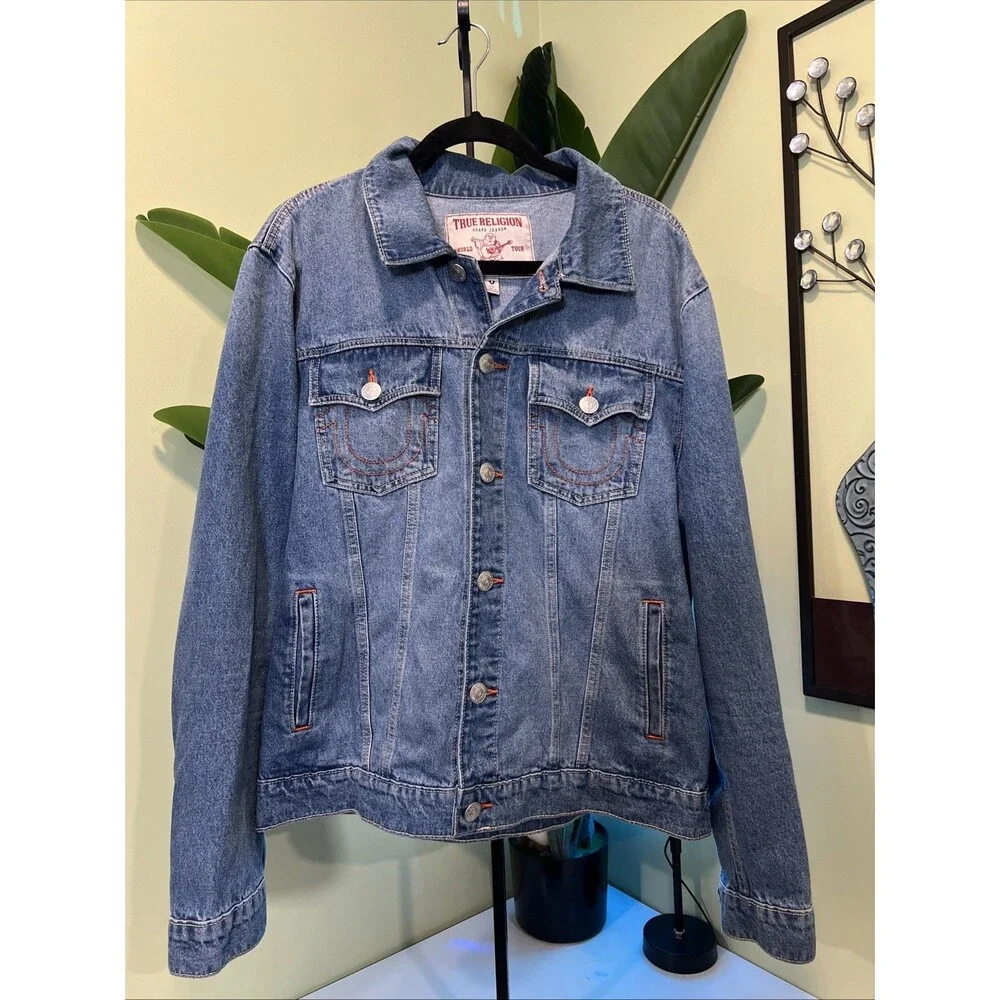 TRUE RELIGION MEN'S JESSE TRUCKER BLUE JEAN JACKET SIZE L